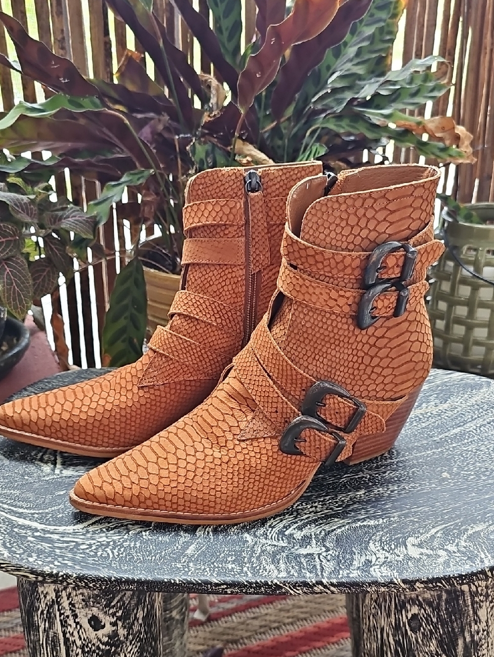 Matisse Cognac Textured Snake-Embossed Ankle Boots with Buckles